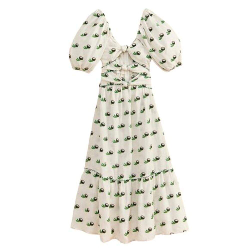 FARM RIO Cross Stitch Coconut‎ Embroidered Midi Dress linen NWT small - Picture 3 of 14